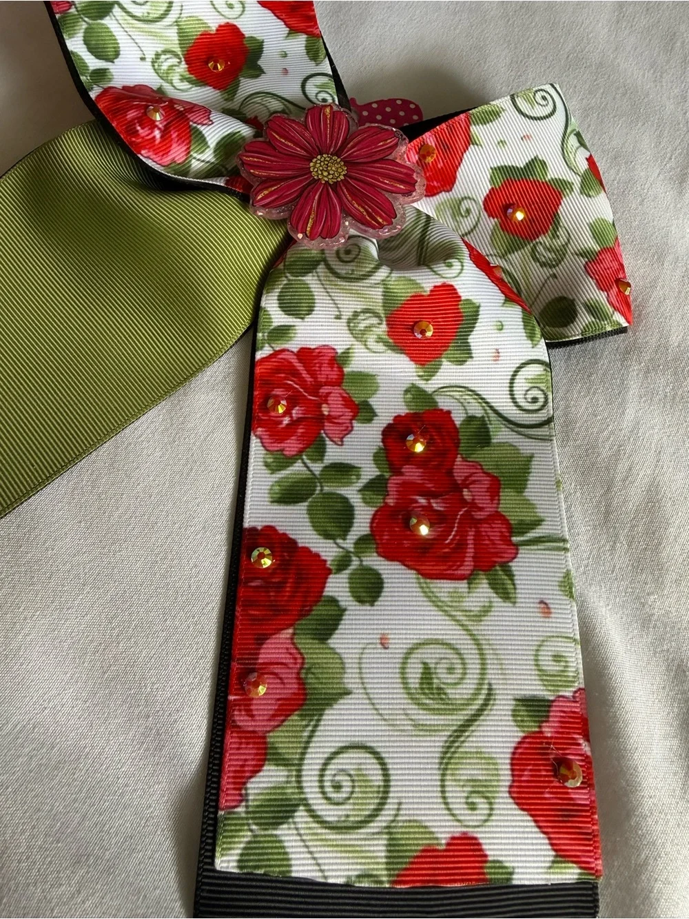 Floral Red & Green Ribbon Hair Bow with Flower Center